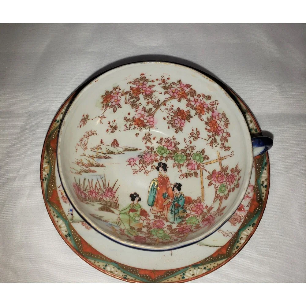 Hand Painted Moriage Vintage Geisha Teacup & Saucer Japan 1950s Vintage Japan